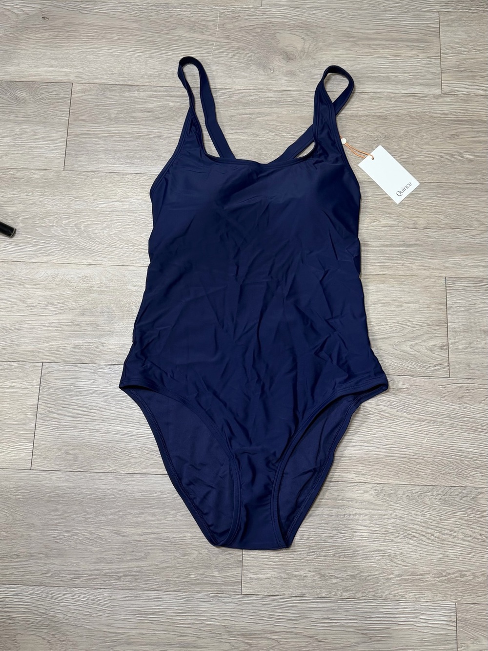 NWT Quince Navy Scoop Neck Cross Back One-Piece Swimsuit Size Large